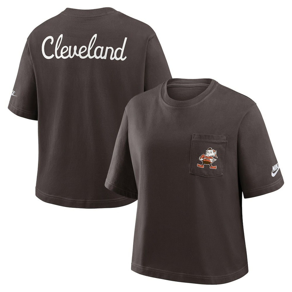 Cleveland Browns Women's Rewind Pocket Boxy T-Shirt Brown