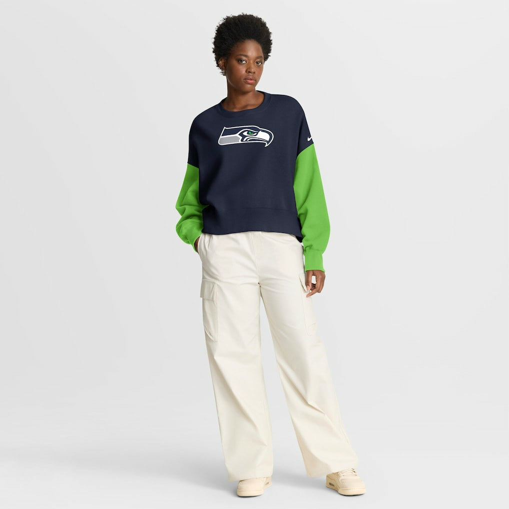 Seattle Seahawks Women's Oversized Color-Block Pullover Sweatshirt College Navy