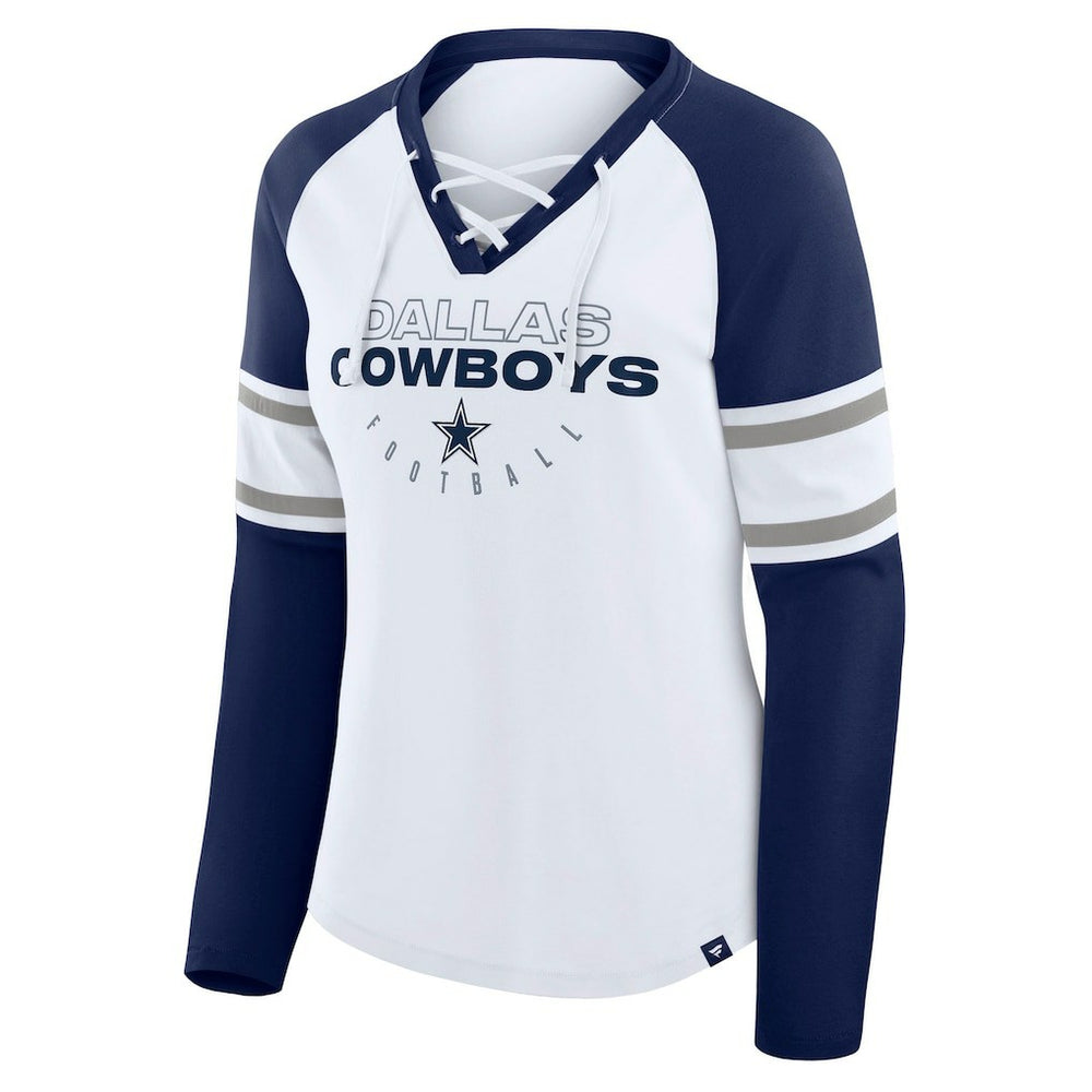 Dallas Cowboys Women's Redzone Blitz Package Raglan Lace-Up V-Neck Long Sleeve T-Shirt White/Navy