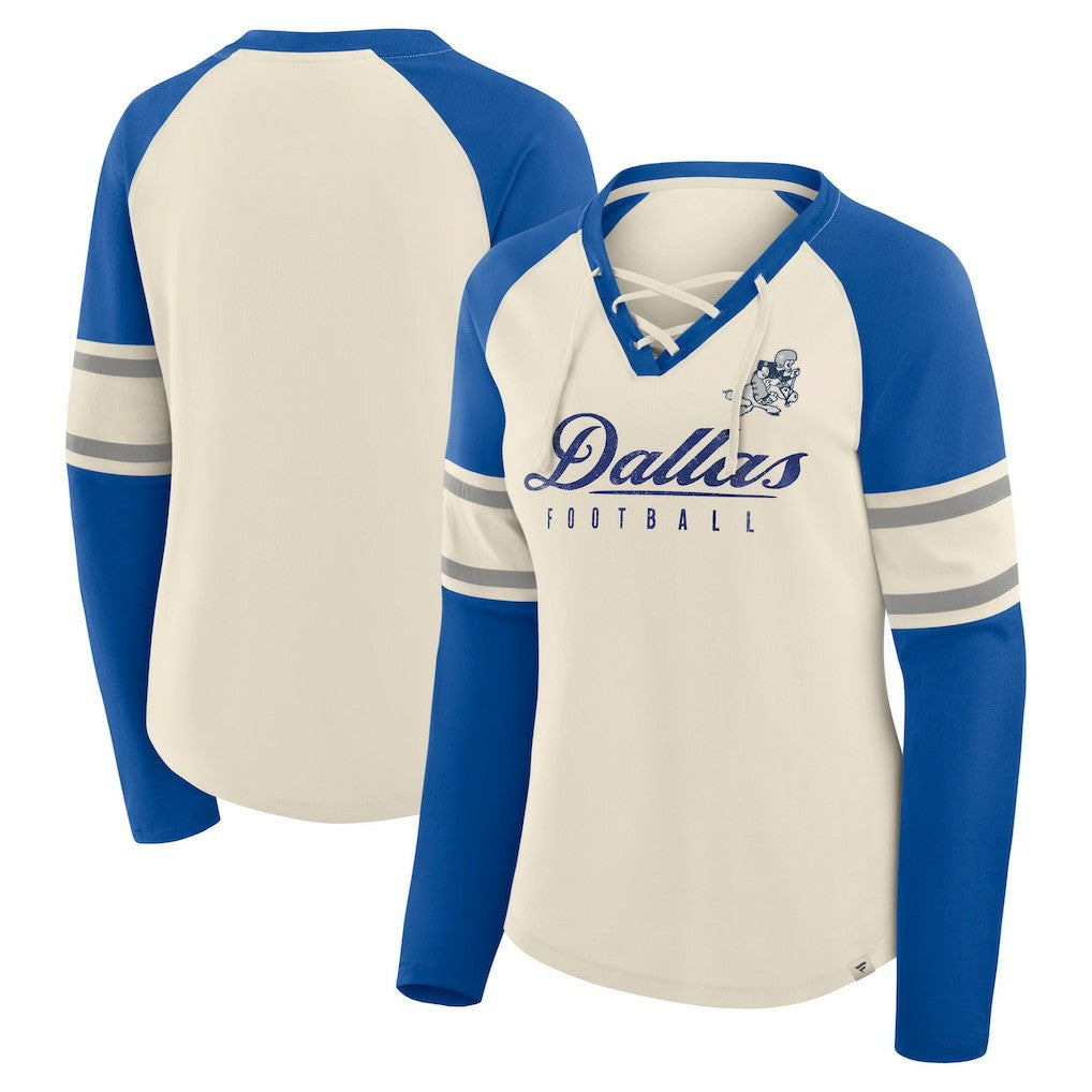 Dallas Cowboys Women's Hometown Gridiron Hero Raglan Lace-Up V-Neck Long Sleeve T-Shirt Cream/Royal