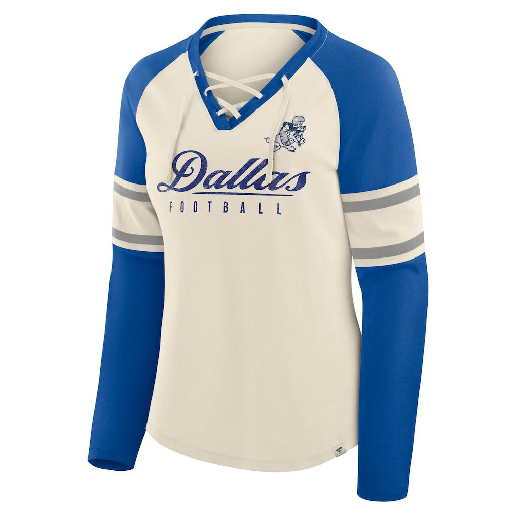 Dallas Cowboys Women's Hometown Gridiron Hero Raglan Lace-Up V-Neck Long Sleeve T-Shirt Cream/Royal
