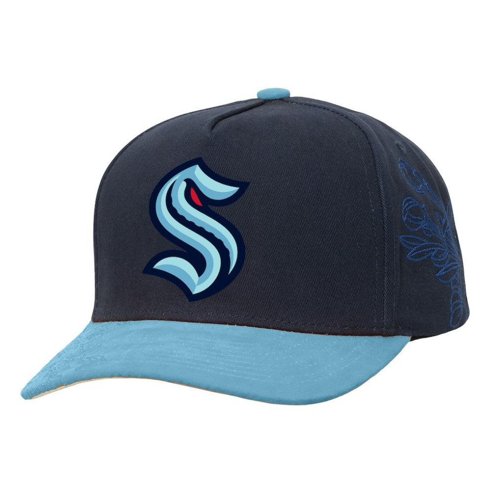 NHL Seattle Kraken Mitchell & Ness May Flowers Pro Crown Adjustable Hat - Navy/Light Blue