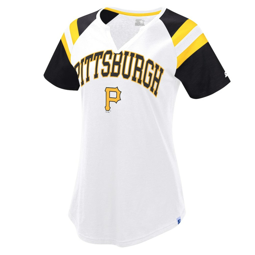Pittsburgh Pirates Starter Women's Game On Notch Neck Raglan T-Shirt - White/Black T-shirts