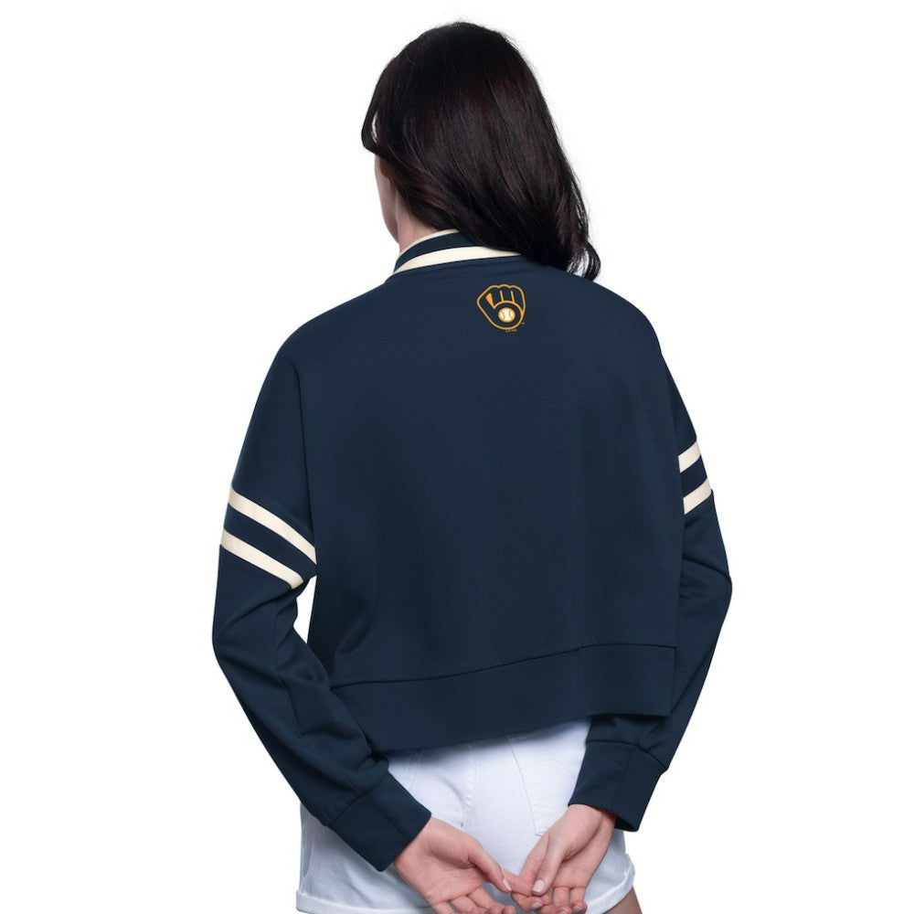 Milwaukee Brewers Starter Women's Power Play Cropped Pullover Sweatshirt - Navy Pullover