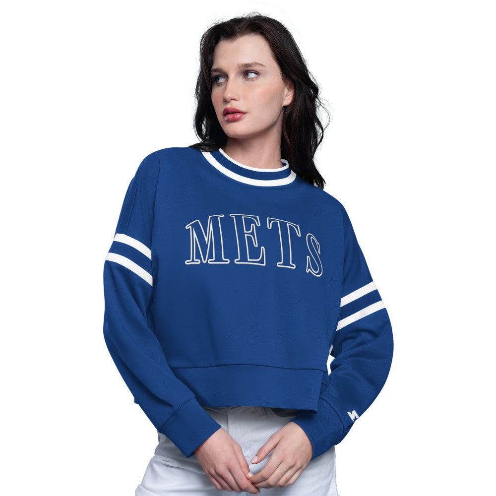 New York Mets Starter Women's Power Play Cropped Pullover Sweatshirt - Royal Pullover