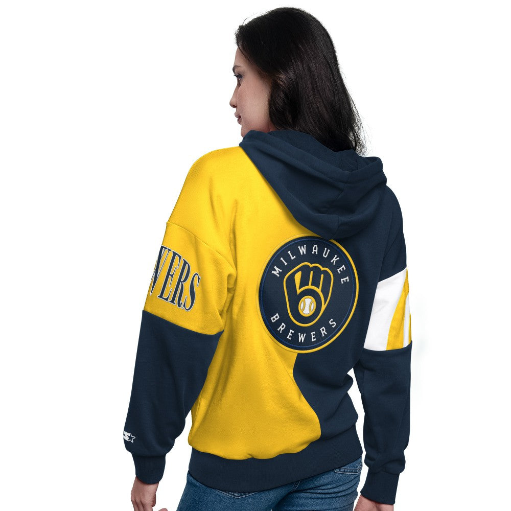 Milwaukee Brewers Starter Women's Curve Ball Full Zip Hoodie Sweatshirt - Navy/Gold Hoodies