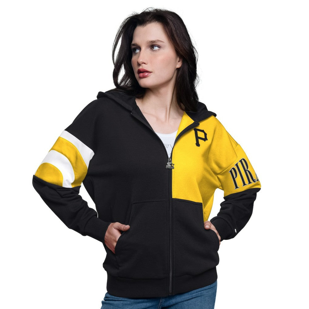 Pittsburgh Pirates Starter Women's Curve Ball Full Zip Hoodie Sweatshirt - Black/Gold Hoodies