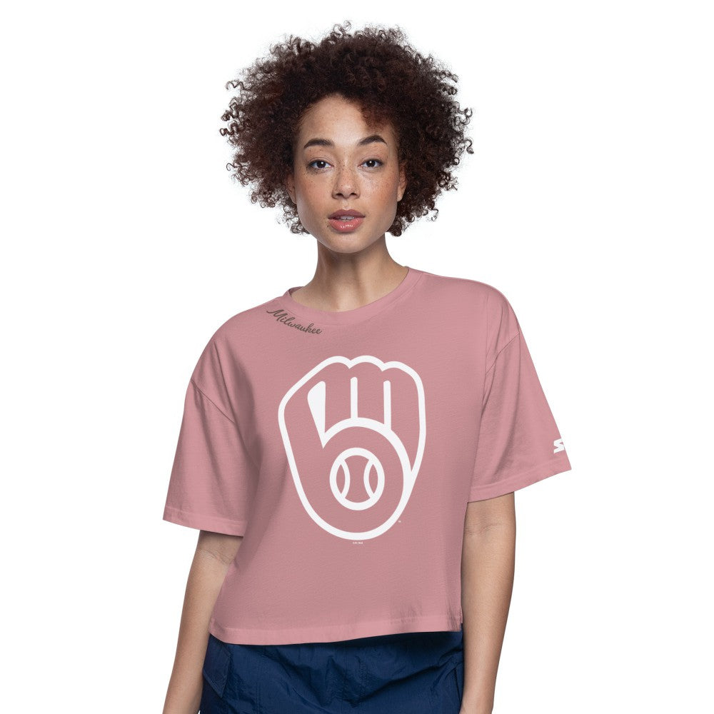 Milwaukee Brewers Starter Women's Play the Ball Boxy Cropped T-Shirt - Pink T-shirts