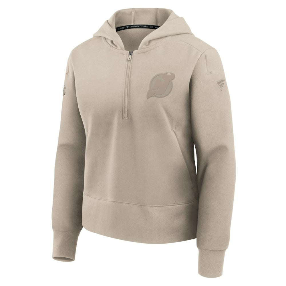NHL New Jersey Devils Fanatics Women's Authentic Pro Road Tri-Blend Quarter-Zip Hoodie - Tan
