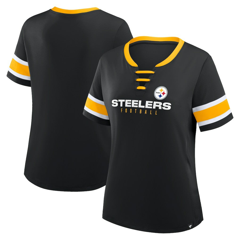 Pittsburgh Steelers Women's Redzone Draw Play Athena Lace-Up T-Shirt Black