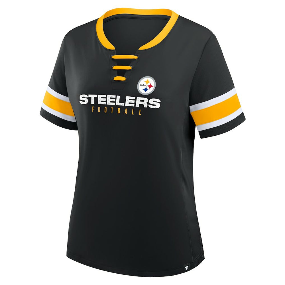 Pittsburgh Steelers Women's Redzone Draw Play Athena Lace-Up T-Shirt Black