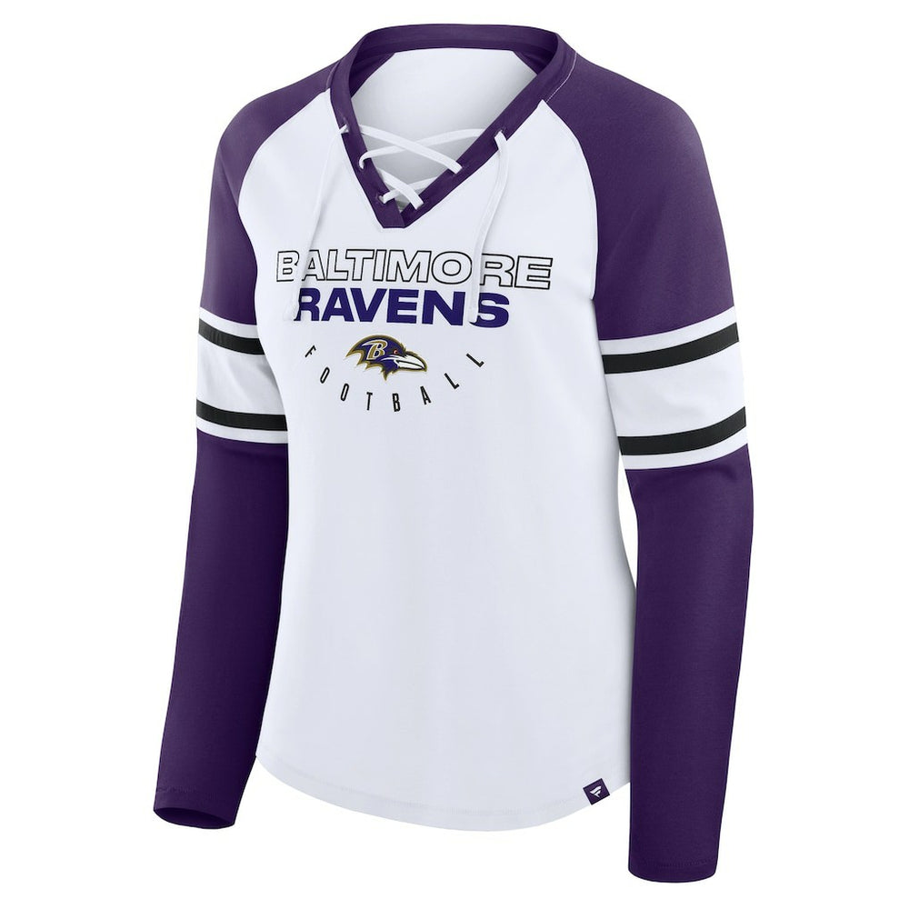 Baltimore Ravens Women's Redzone Blitz Package Raglan Lace-Up V-Neck Long Sleeve T-Shirt White/Purple