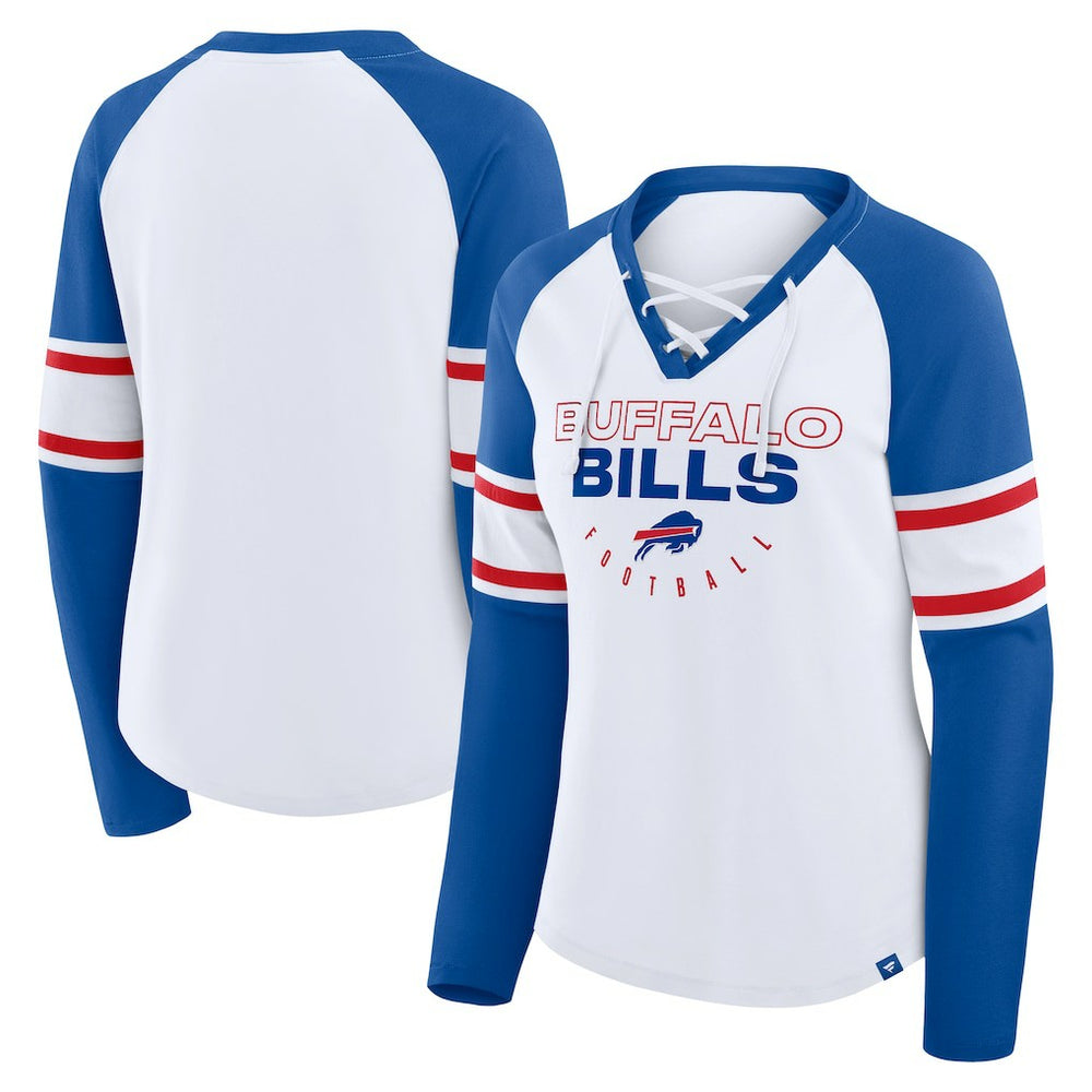 Buffalo Bills Women's Redzone Blitz Package Raglan Lace-Up V-Neck Long Sleeve T-Shirt White/Royal