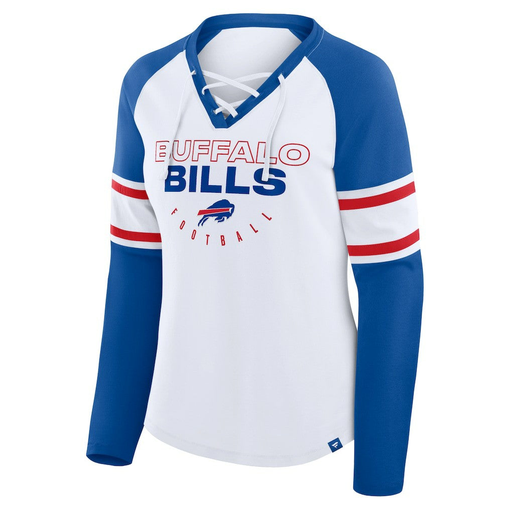 Buffalo Bills Women's Redzone Blitz Package Raglan Lace-Up V-Neck Long Sleeve T-Shirt White/Royal