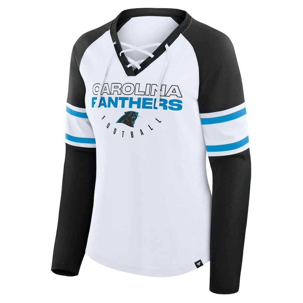 Carolina Panthers Women's Redzone Blitz Package Raglan Lace-Up V-Neck Long Sleeve T-Shirt White/Black