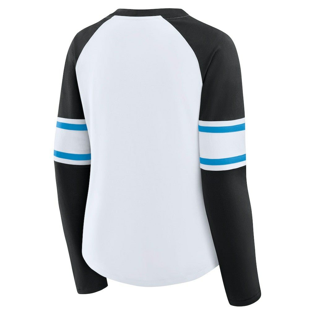 Carolina Panthers Women's Redzone Blitz Package Raglan Lace-Up V-Neck Long Sleeve T-Shirt White/Black