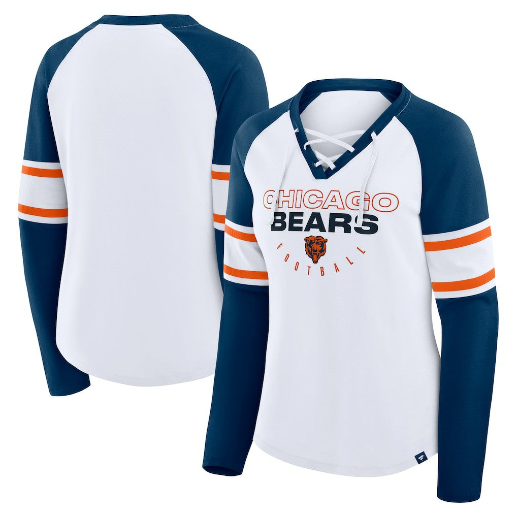 Chicago Bears Women's Redzone Blitz Package Raglan Lace-Up V-Neck Long Sleeve T-Shirt White/Navy