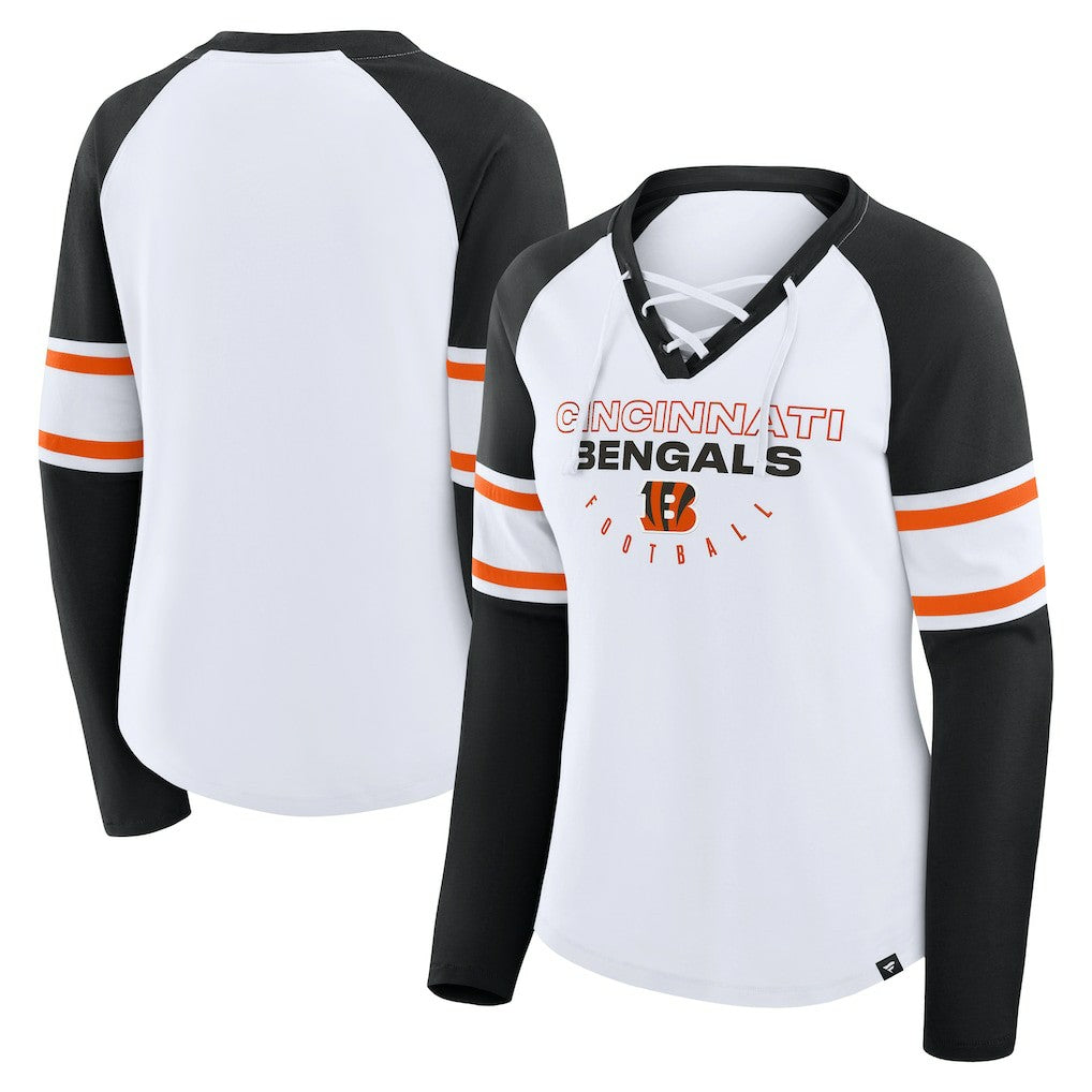 Cincinnati Bengals Women's Redzone Blitz Package Raglan Lace-Up V-Neck Long Sleeve T-Shirt White/Black
