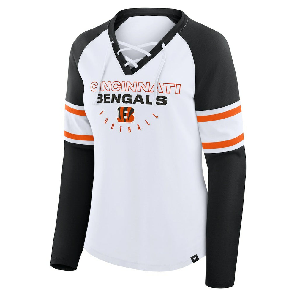 Cincinnati Bengals Women's Redzone Blitz Package Raglan Lace-Up V-Neck Long Sleeve T-Shirt White/Black