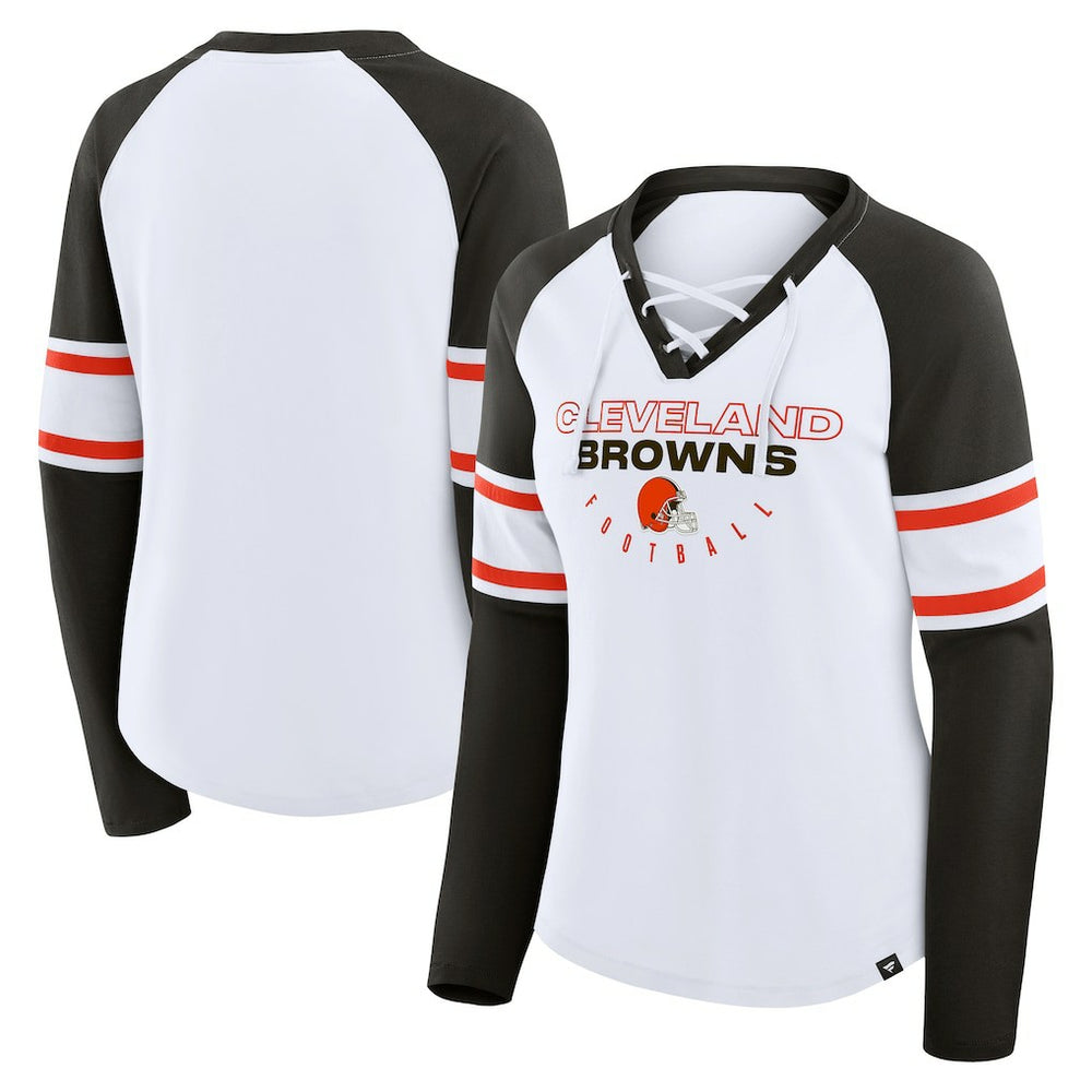 Cleveland Browns Women's Redzone Blitz Package Raglan Lace-Up V-Neck Long Sleeve T-Shirt White/Brown
