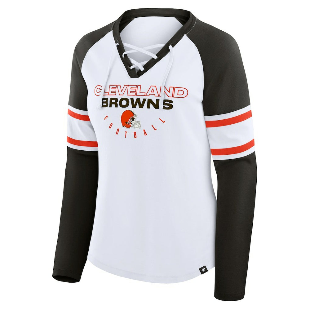 Cleveland Browns Women's Redzone Blitz Package Raglan Lace-Up V-Neck Long Sleeve T-Shirt White/Brown