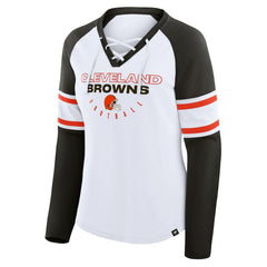 Cleveland Browns Women's Redzone Blitz Package Raglan Lace-Up V-Neck Long Sleeve T-Shirt White/Brown