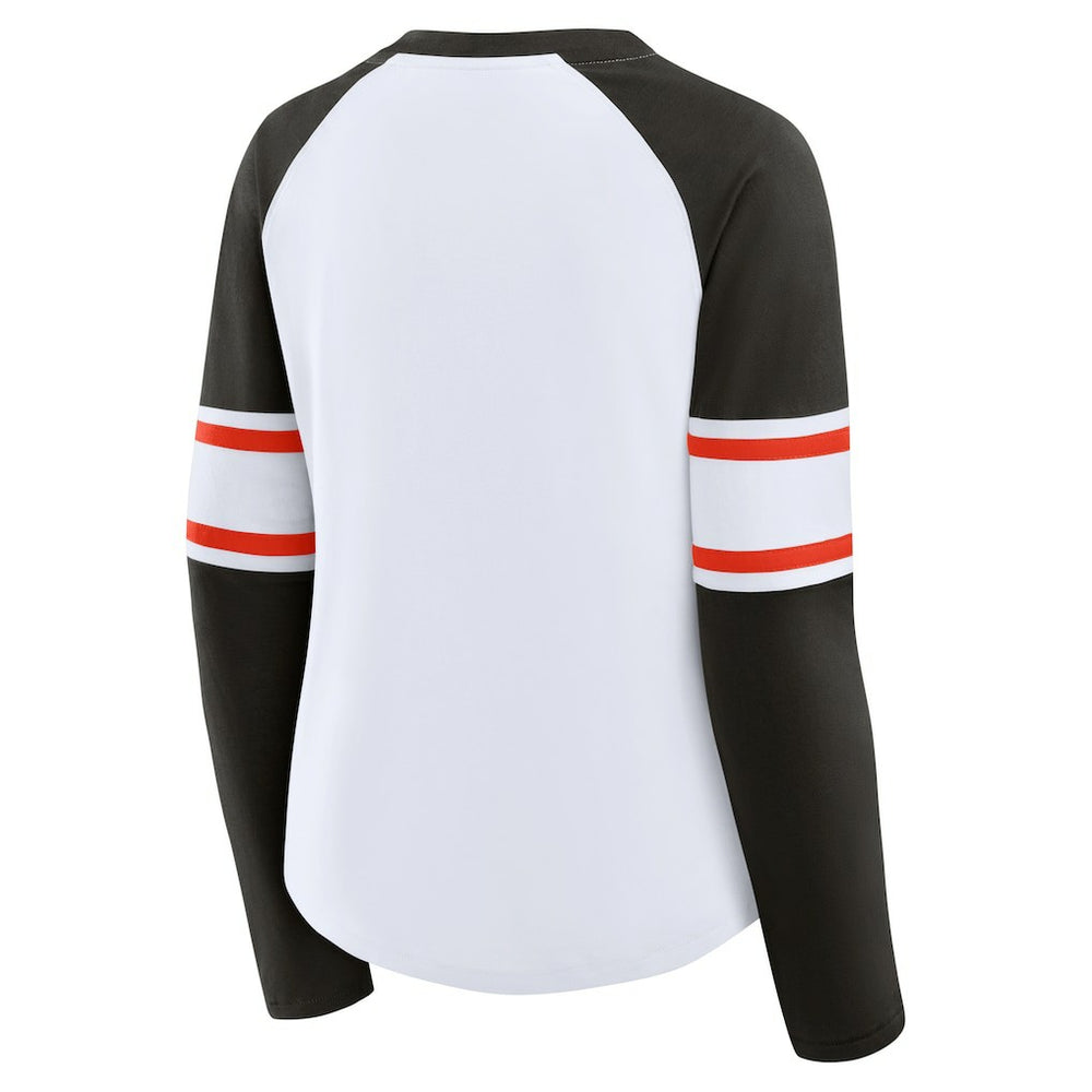 Cleveland Browns Women's Redzone Blitz Package Raglan Lace-Up V-Neck Long Sleeve T-Shirt White/Brown