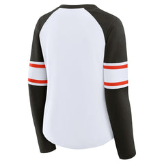 Cleveland Browns Women's Redzone Blitz Package Raglan Lace-Up V-Neck Long Sleeve T-Shirt White/Brown