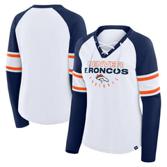 Denver Broncos Women's Redzone Blitz Package Raglan Lace-Up V-Neck Long Sleeve T-Shirt White/Navy