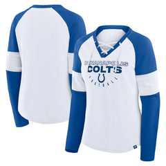 Indianapolis Colts Women's Redzone Blitz Package Raglan Lace-Up V-Neck Long Sleeve T-Shirt White/Royal