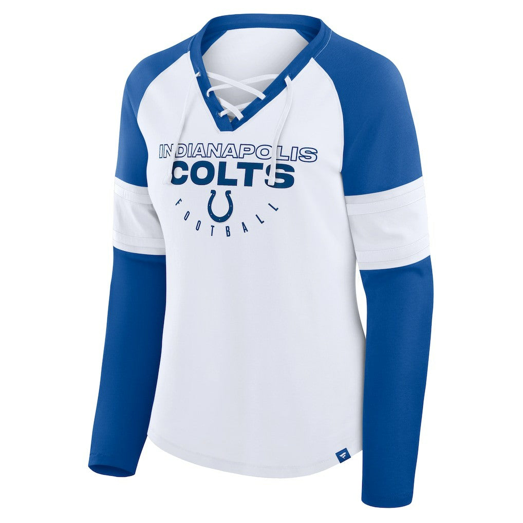 Indianapolis Colts Women's Redzone Blitz Package Raglan Lace-Up V-Neck Long Sleeve T-Shirt White/Royal