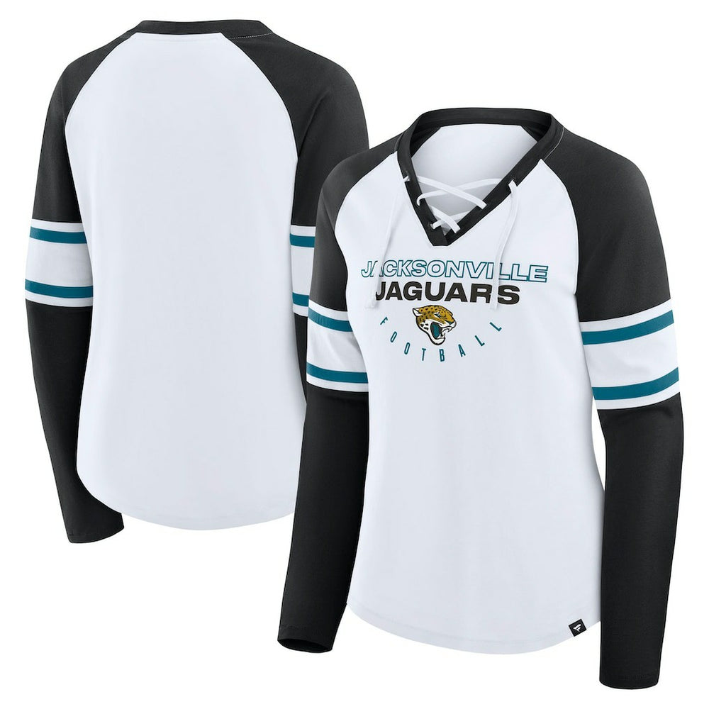 Jacksonville Jaguars Women's Redzone Blitz Package Raglan Lace-Up V-Neck Long Sleeve T-Shirt White/Black