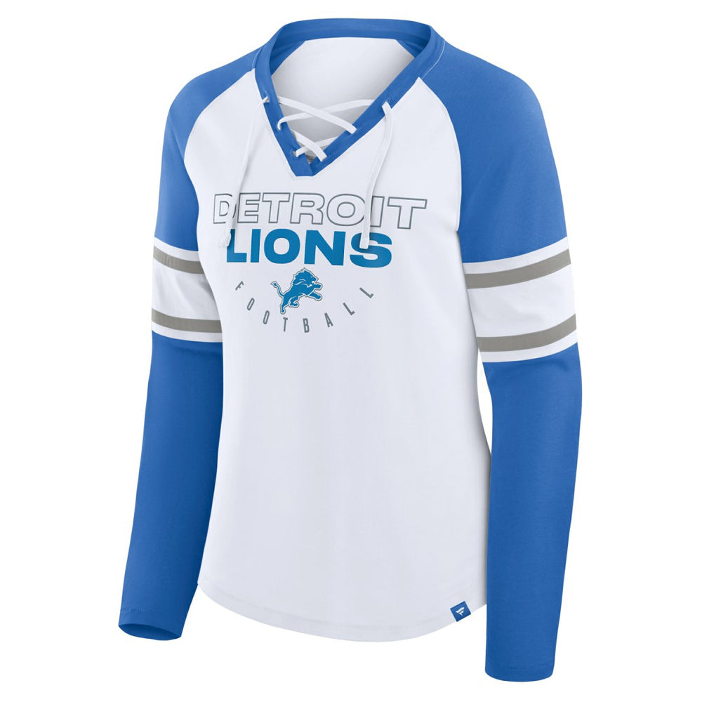 Detroit Lions Women's Redzone Blitz Package Raglan Lace-Up V-Neck Long Sleeve T-Shirt White/Blue