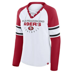 San Francisco 49ers Women's Redzone Blitz Package Raglan Lace-Up V-Neck Long Sleeve T-Shirt White/Scarlet