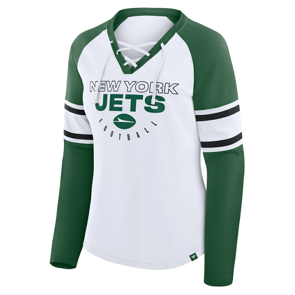 New York Jets Women's Redzone Blitz Package Raglan Lace-Up V-Neck Long Sleeve T-Shirt White/Green
