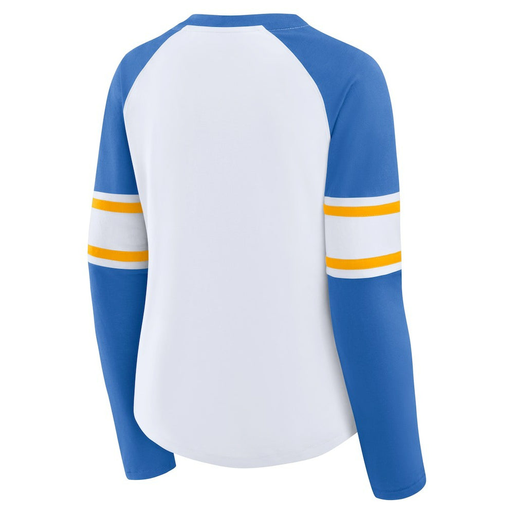 Los Angeles Chargers Women's Redzone Blitz Package Raglan Lace-Up V-Neck Long Sleeve T-Shirt White/Powder Blue