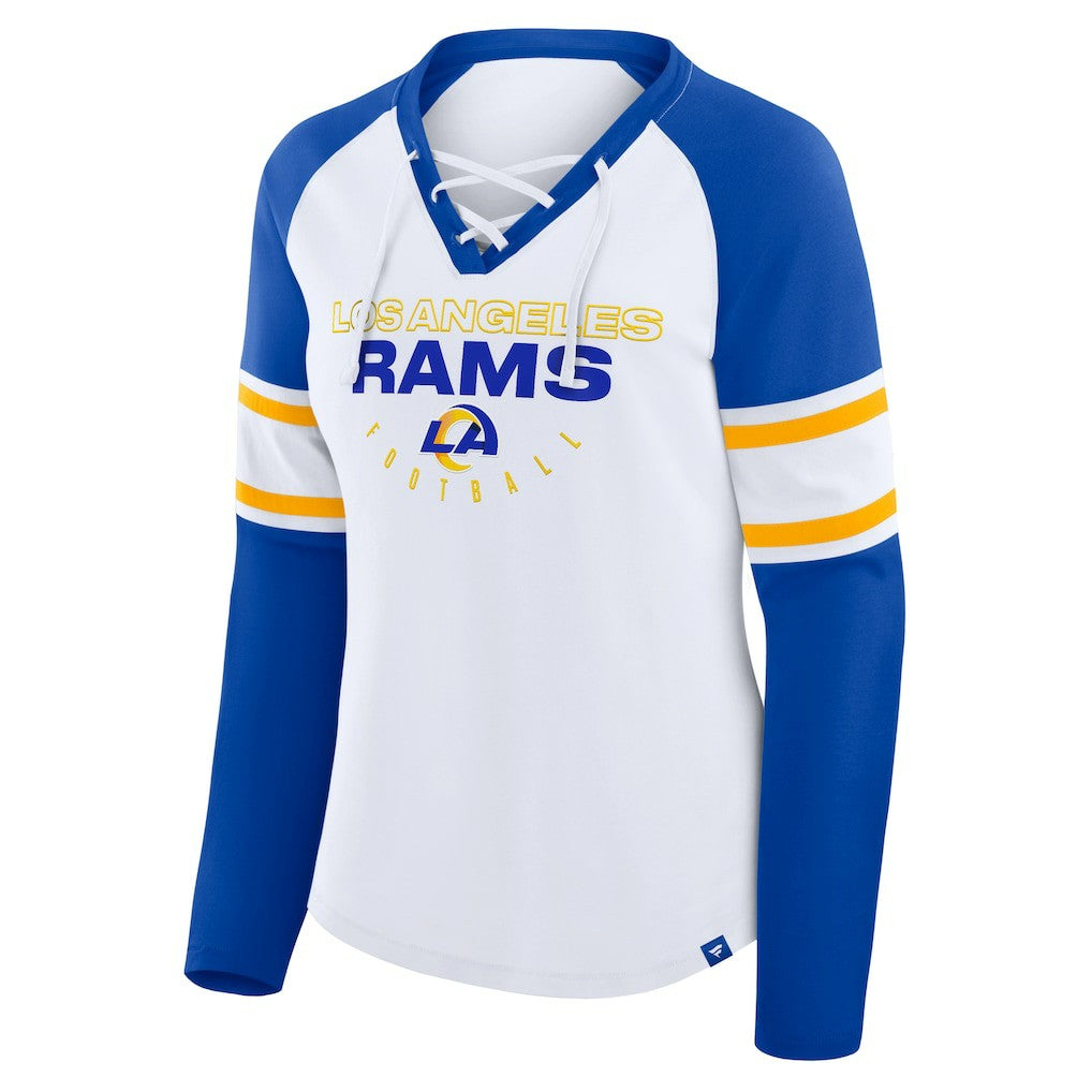 Los Angeles Rams Women's Redzone Blitz Package Raglan Lace-Up V-Neck Long Sleeve T-Shirt White/Royal
