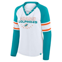 Miami Dolphins Women's Redzone Blitz Package Raglan Lace-Up V-Neck Long Sleeve T-Shirt White/Aqua