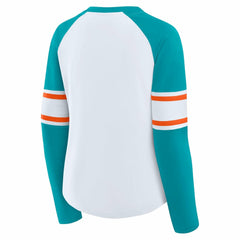 Miami Dolphins Women's Redzone Blitz Package Raglan Lace-Up V-Neck Long Sleeve T-Shirt White/Aqua
