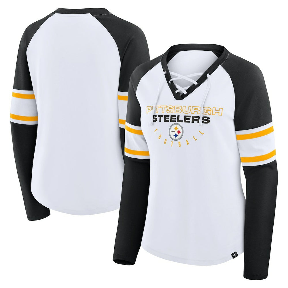Pittsburgh Steelers Women's Redzone Blitz Package Raglan Lace-Up V-Neck Long Sleeve T-Shirt White/Black