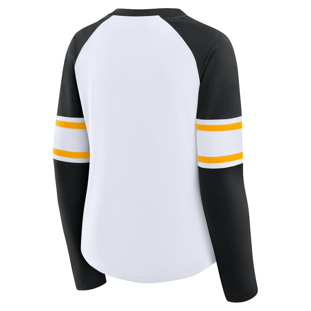 Pittsburgh Steelers Women's Redzone Blitz Package Raglan Lace-Up V-Neck Long Sleeve T-Shirt White/Black