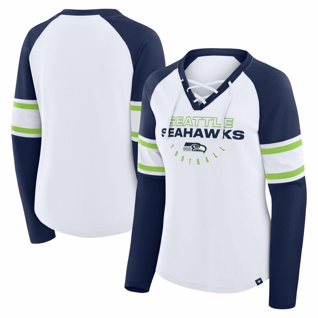 Seattle Seahawks Women's Redzone Blitz Package Raglan Lace-Up V-Neck Long Sleeve T-Shirt White/College Navy
