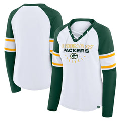 Green Bay Packers Women's Redzone Blitz Package Raglan Lace-Up V-Neck Long Sleeve T-Shirt White/Green