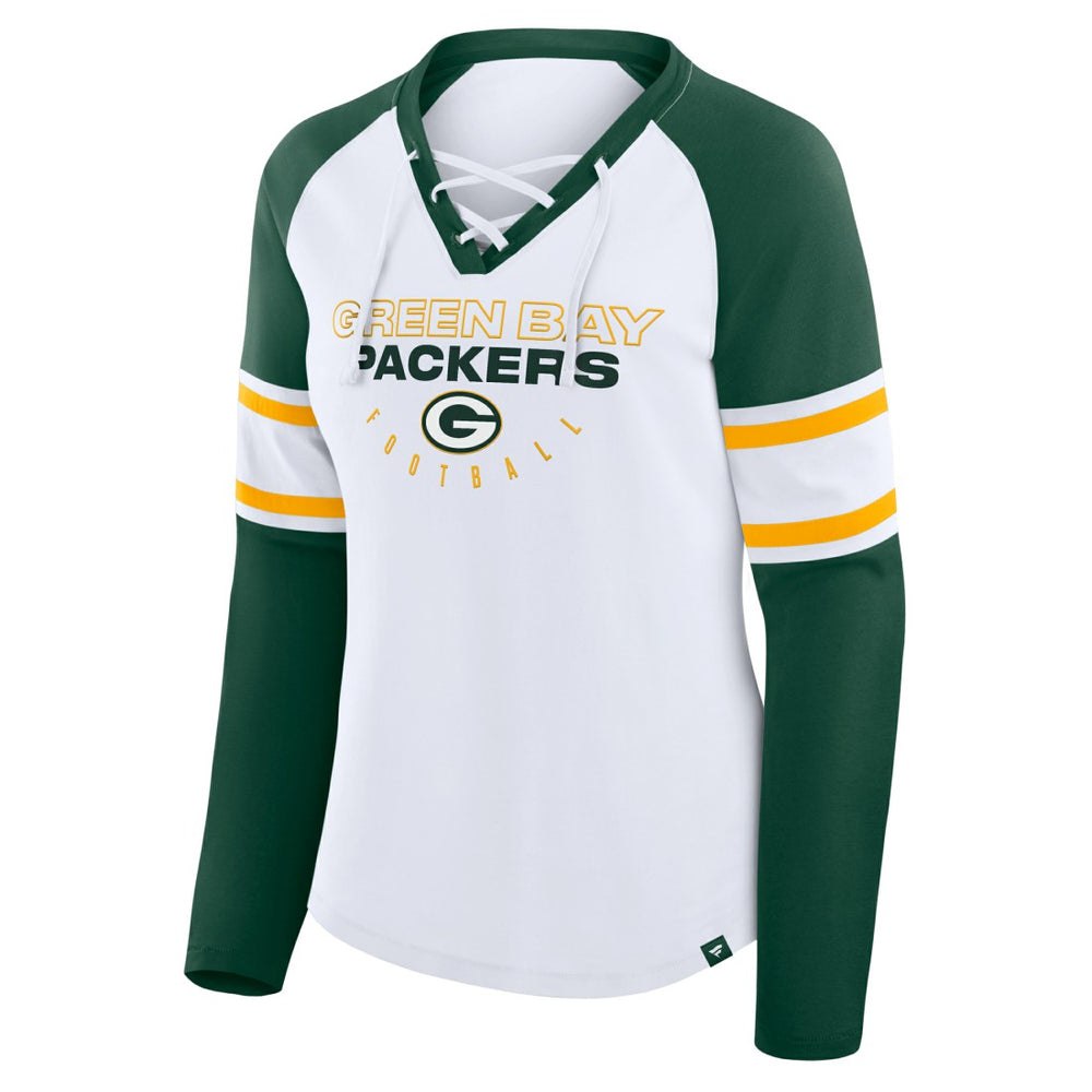Green Bay Packers Women's Redzone Blitz Package Raglan Lace-Up V-Neck Long Sleeve T-Shirt White/Green
