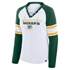 Green Bay Packers Women's Redzone Blitz Package Raglan Lace-Up V-Neck Long Sleeve T-Shirt White/Green