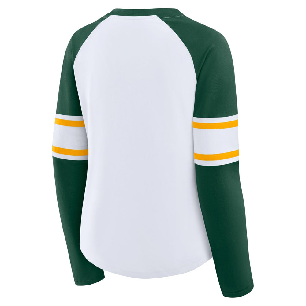 Green Bay Packers Women's Redzone Blitz Package Raglan Lace-Up V-Neck Long Sleeve T-Shirt White/Green