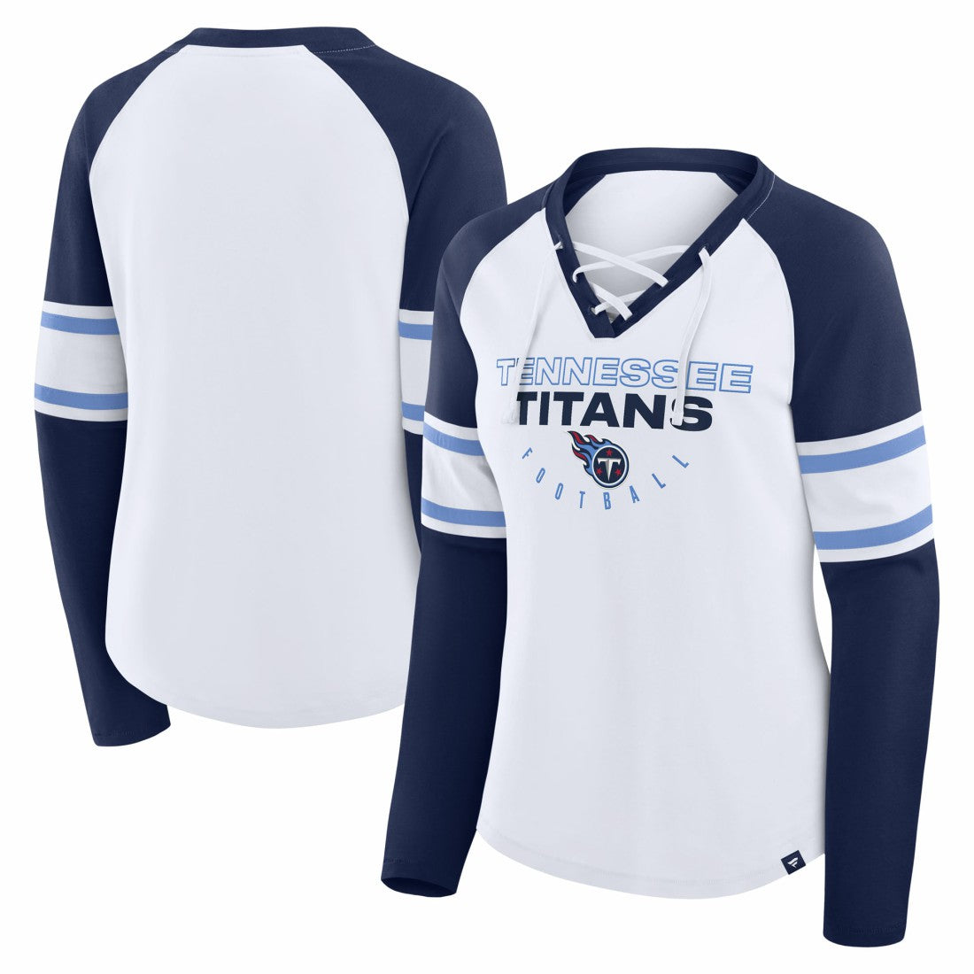 Tennessee Titans Women's Redzone Blitz Package Raglan Lace-Up V-Neck Long Sleeve T-Shirt White/Navy