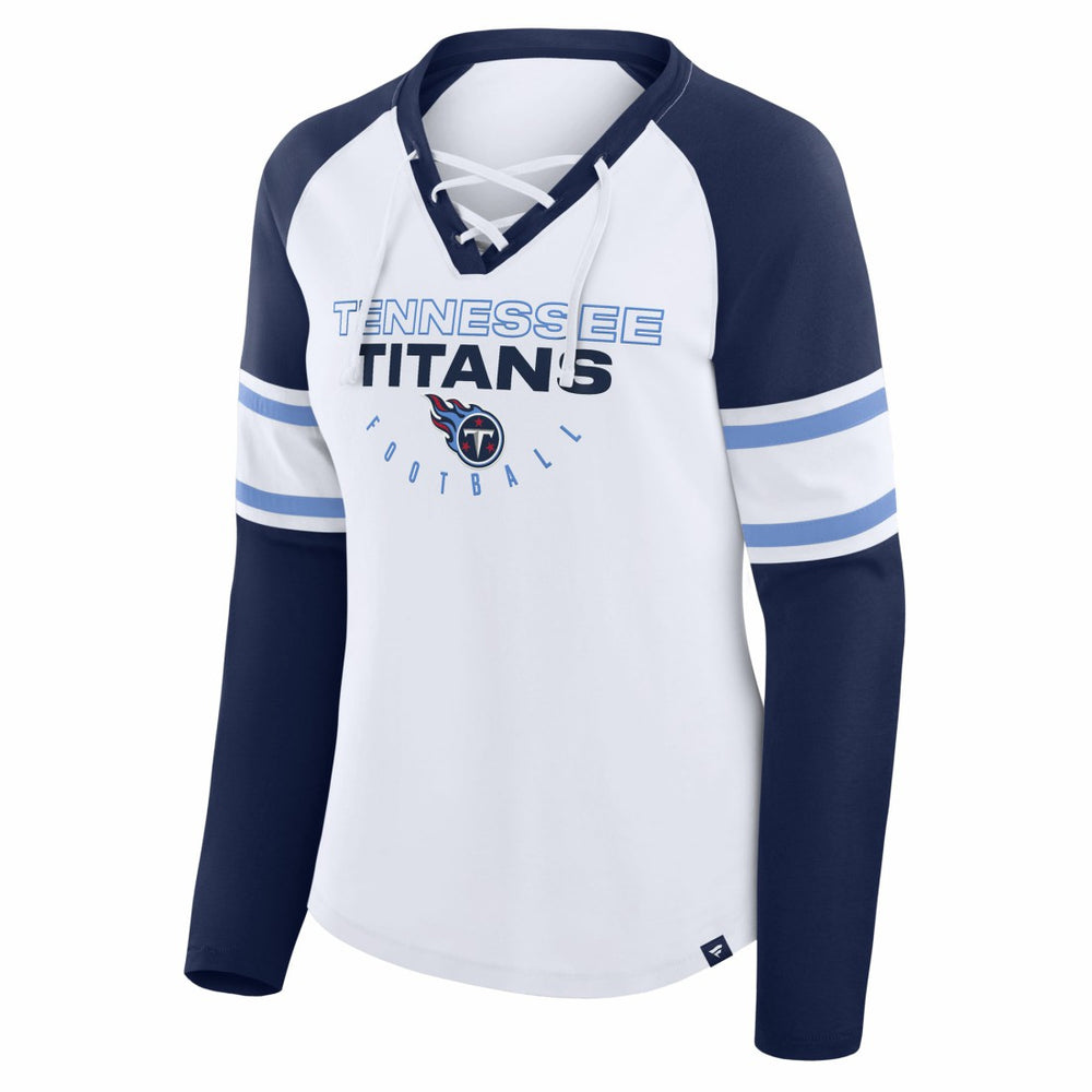 Tennessee Titans Women's Redzone Blitz Package Raglan Lace-Up V-Neck Long Sleeve T-Shirt White/Navy