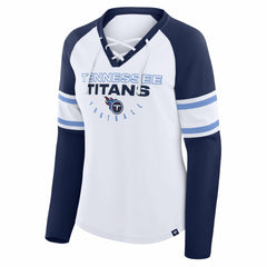 Tennessee Titans Women's Redzone Blitz Package Raglan Lace-Up V-Neck Long Sleeve T-Shirt White/Navy