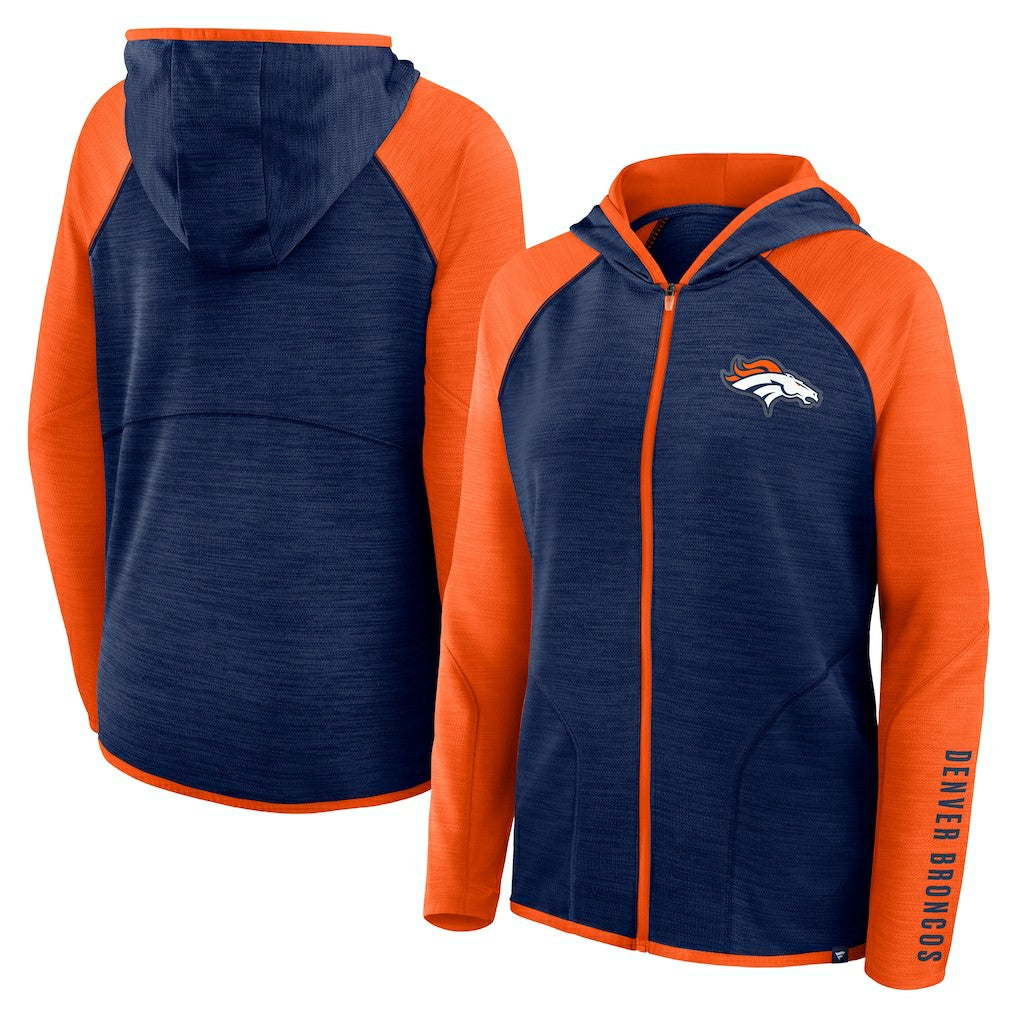 Denver Broncos Women's Redzone End Around Pass Raglan Full-Zip Hoodie Navy/Orange